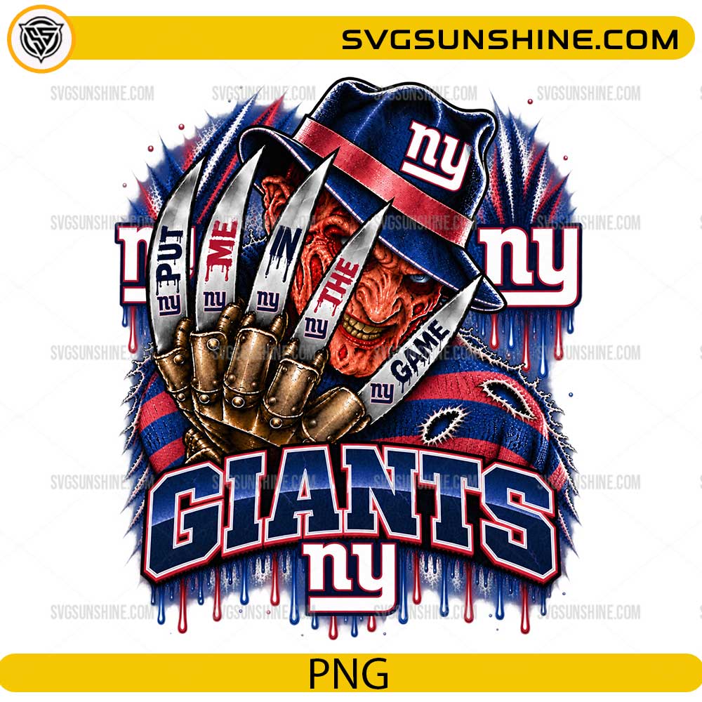 New York Giants Freddy Krueger PNG featuring Put Me In The Game football horror design with claw glove and blue red team colors