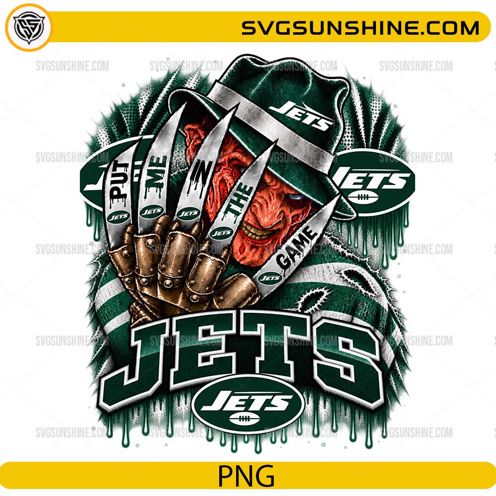 New York Jets Freddy Krueger PNG featuring Put Me In The Game football horror design with claw glove and green white team colors
