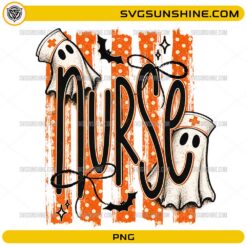 Nurse Ghost Halloween PNG featuring cute nurse ghosts, Halloween bats, and festive orange distressed background