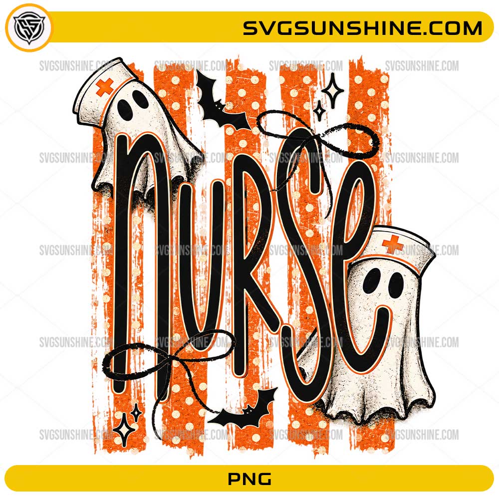 Nurse Ghost Halloween PNG featuring cute nurse ghosts, Halloween bats, and festive orange distressed background