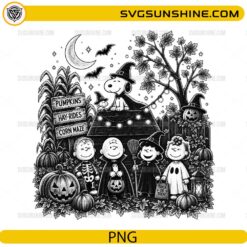 Peanuts Halloween Pumpkin PNG featuring Snoopy and friends trick or treating with pumpkins and autumn decorations