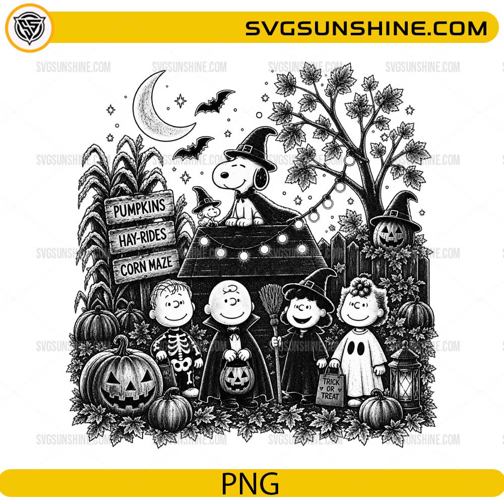 Peanuts Halloween Pumpkin PNG featuring Snoopy and friends trick or treating with pumpkins and autumn decorations