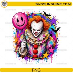 Pennywise PNG featuring a colorful horror clown holding a smiley balloon with vibrant paint splatter effects and Halloween elements