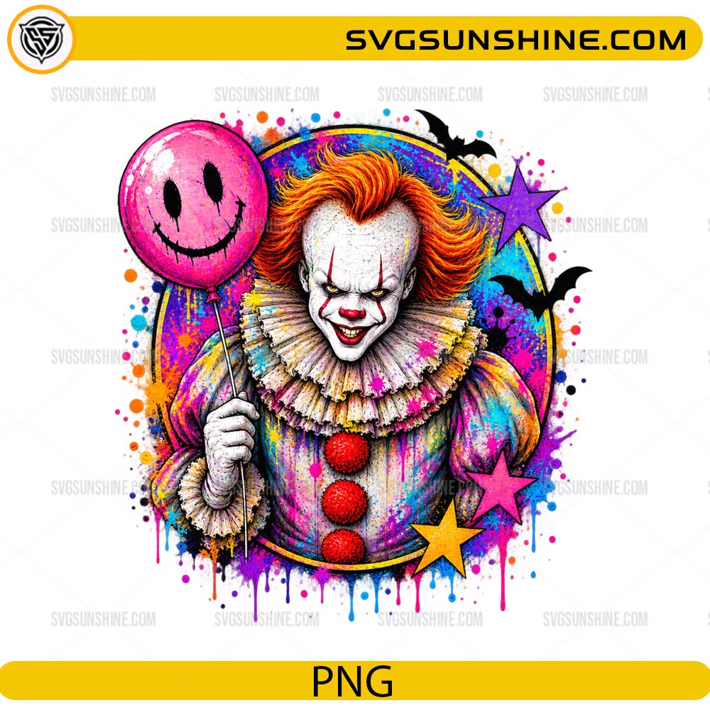 Pennywise PNG featuring a colorful horror clown holding a smiley balloon with vibrant paint splatter effects and Halloween elements