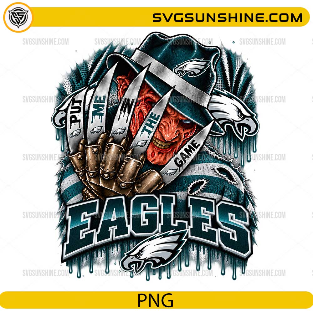 Philadelphia Eagles Freddy Krueger PNG featuring Put Me In The Game football horror design with claw glove and midnight green team colors