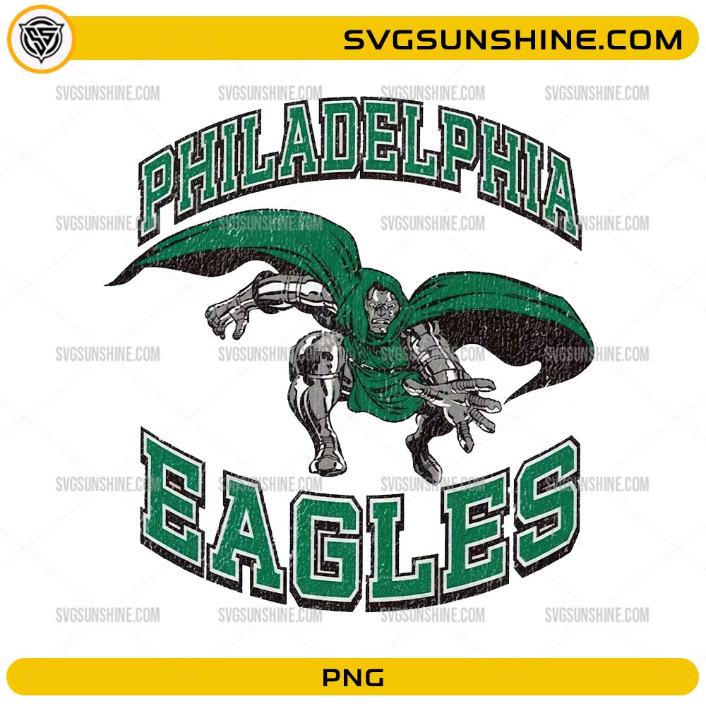 Philadelphia Eagles Marvel's Doctor Doom PNG vintage football design with armored character and green cape