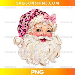 Pink Leopard Print Santa Claus PNG featuring a cute Santa face with pink leopard print hat and bow for Christmas crafting