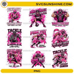 Pink Out Football Breast Cancer Awareness PNG Bundle with football players, pink ribbons, tackle cancer, and game day awareness designs