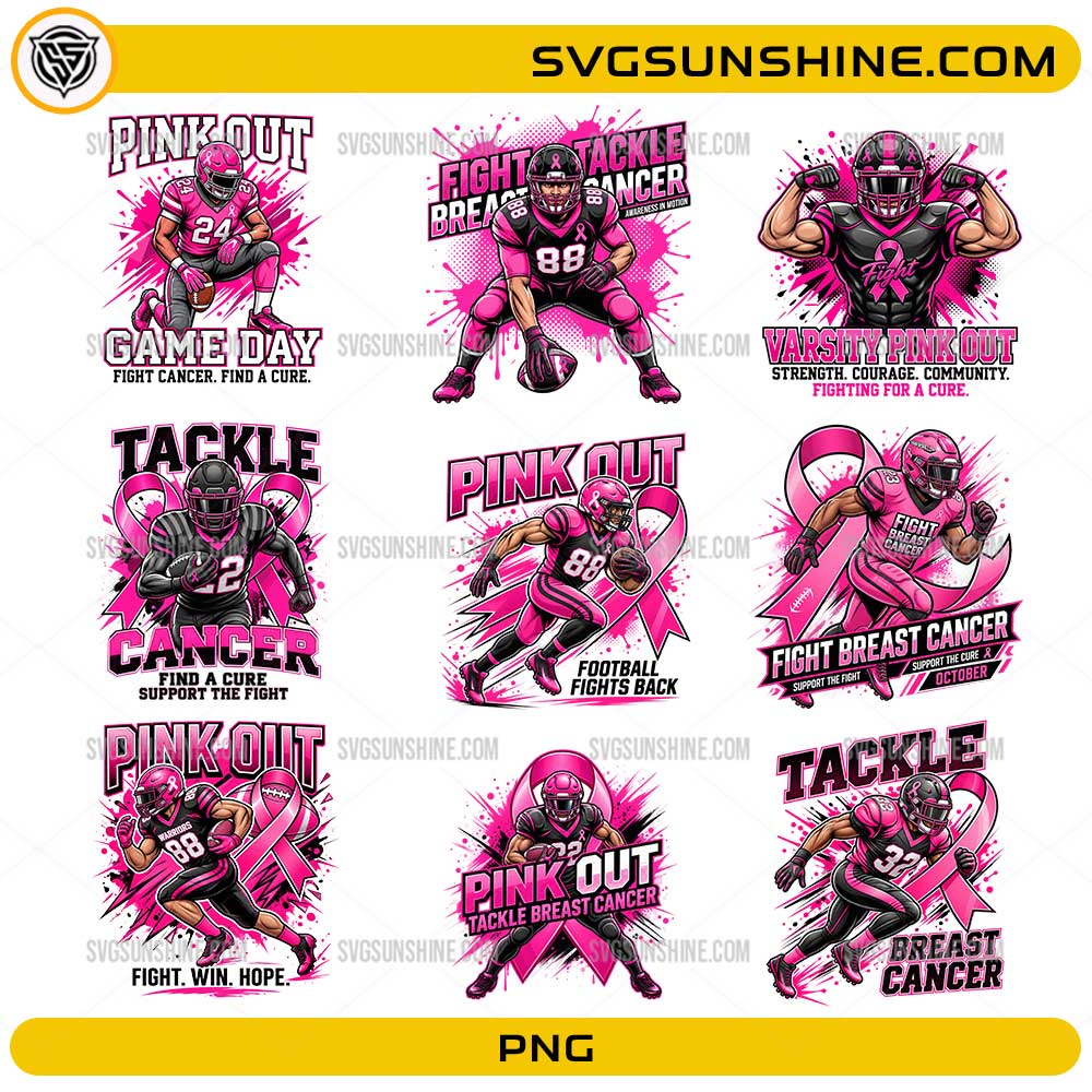 Pink Out Football Breast Cancer Awareness PNG Bundle with football players, pink ribbons, tackle cancer, and game day awareness designs