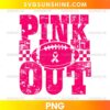 Pink Out Football PNG featuring distressed pink typography, football, and breast cancer awareness ribbon