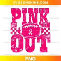 Pink Out Football PNG featuring distressed pink typography, football, and breast cancer awareness ribbon