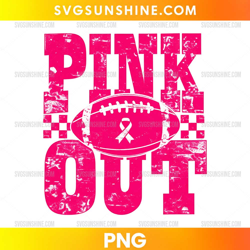 Pink Out Football PNG featuring distressed pink typography, football, and breast cancer awareness ribbon
