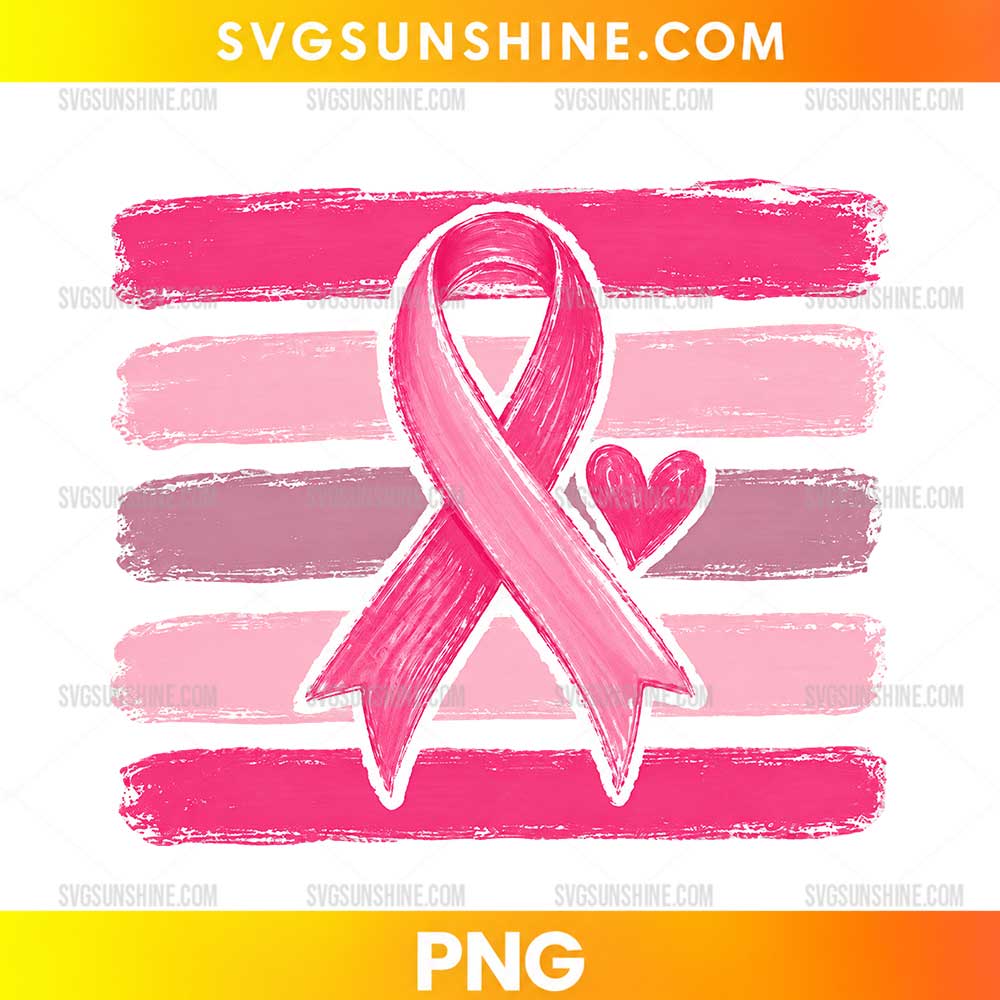 Pink Ribbon Breast Cancer Awareness PNG with pink brush stroke background and heart accent