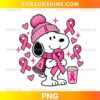 Pink Ribbon Snoopy PNG with pink breast cancer awareness ribbons, winter hat, scarf, and cute cartoon dog illustration