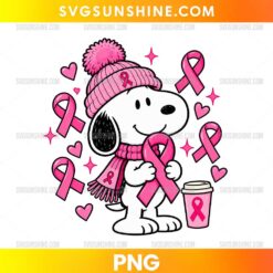 Pink Ribbon Snoopy PNG with pink breast cancer awareness ribbons, winter hat, scarf, and cute cartoon dog illustration