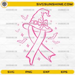 Pink Witch Hat Breast Cancer Awareness SVG with pink ribbon, Halloween witch hat, bats and sparkles design