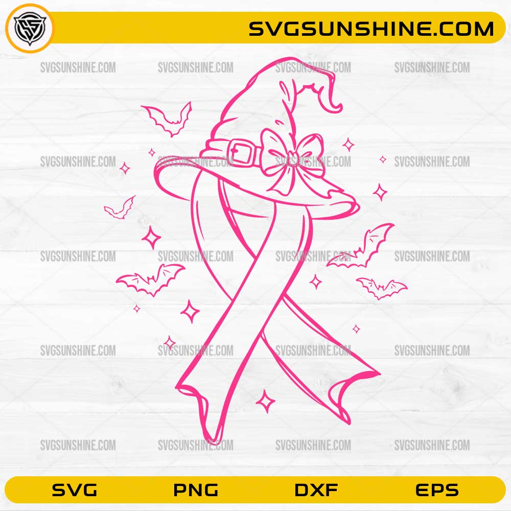 Pink Witch Hat Breast Cancer Awareness SVG with pink ribbon, Halloween witch hat, bats and sparkles design