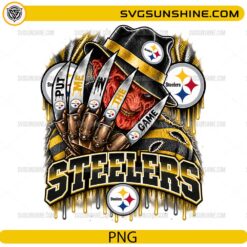 Pittsburgh Steelers Freddy Krueger PNG featuring Put Me In The Game football horror design with claw glove and black gold team colors