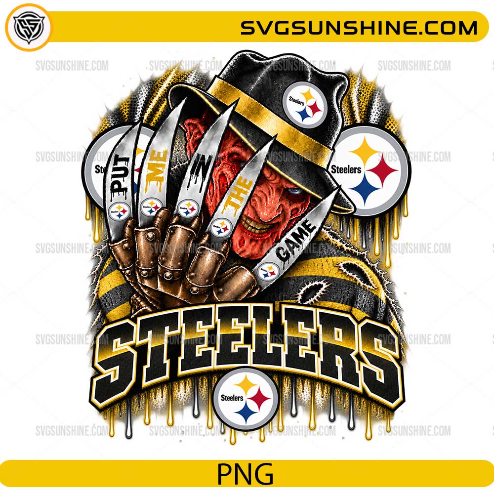 Pittsburgh Steelers Freddy Krueger PNG featuring Put Me In The Game football horror design with claw glove and black gold team colors