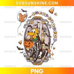Pluto Trick or Treat Halloween PNG with skeleton costume, pumpkin candy bucket, bats, candy corn, pumpkins, and spooky castle background