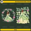 Princess Tiana PNG Bundle featuring floral wreath artwork, lotus flowers, and fairytale princess design