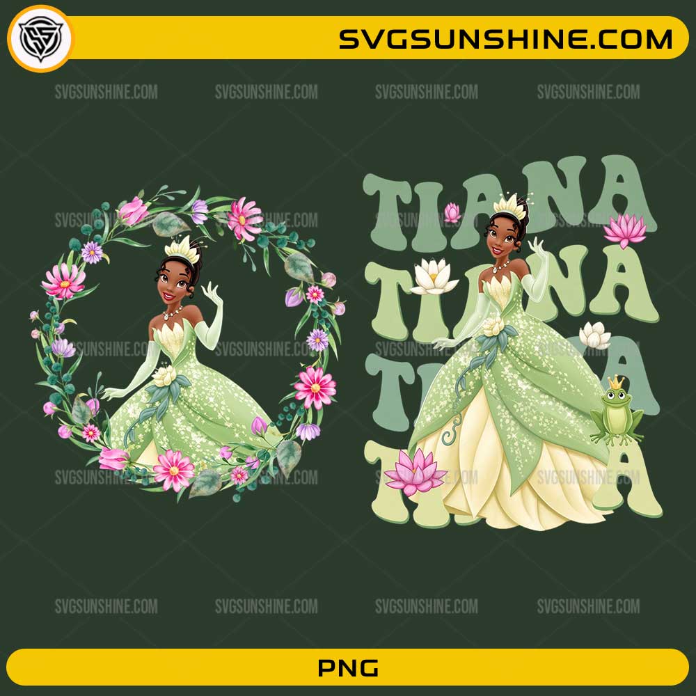 Princess Tiana PNG Bundle featuring floral wreath artwork, lotus flowers, and fairytale princess design