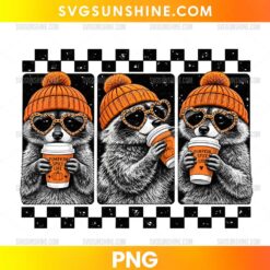 Pumpkin Spice Raccoon PNG featuring cute raccoons wearing orange beanies and drinking pumpkin spice coffee