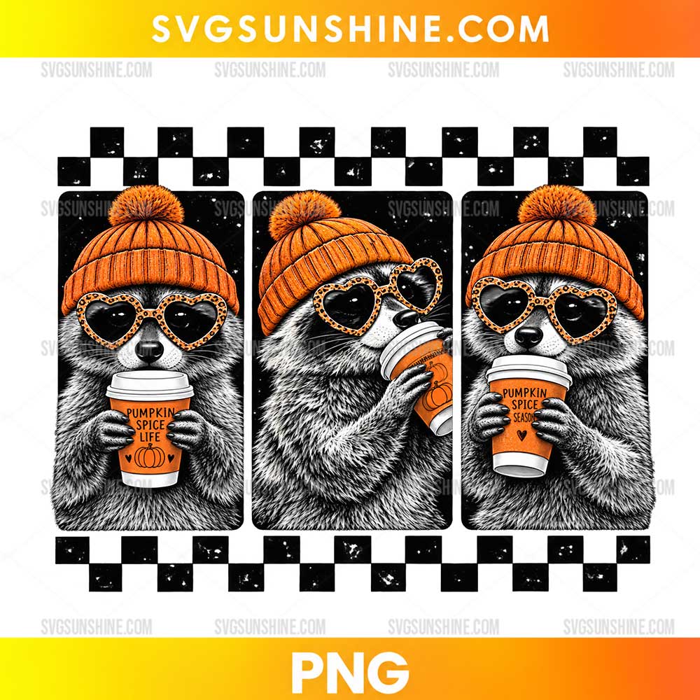 Pumpkin Spice Raccoon PNG featuring cute raccoons wearing orange beanies and drinking pumpkin spice coffee