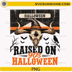 Raised On 90s Halloween PNG vintage skull with witch hat and bats Halloween digital design