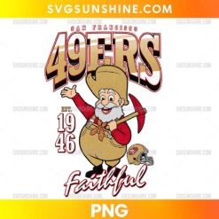 San Francisco 49ers Stinky Pete Prospector PNG featuring a vintage gold miner character holding a pickaxe with retro football-inspired typography.