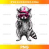 Sassy raccoon breast cancer awareness PNG wearing pink ribbon cap and heart sunglasses