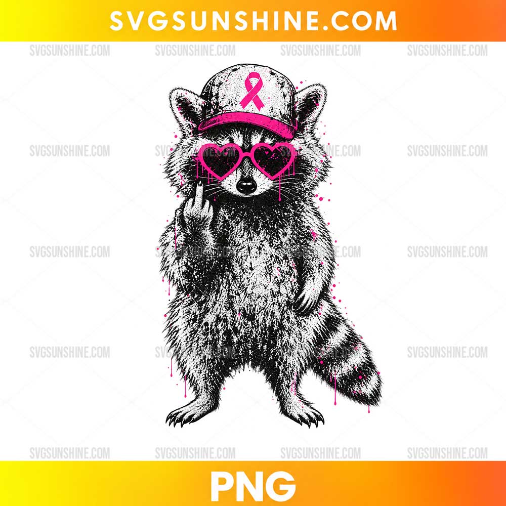 Sassy raccoon breast cancer awareness PNG wearing pink ribbon cap and heart sunglasses