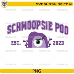 Schmoopsie Poo PNG featuring a cute purple one-eyed monster with varsity-style lettering and playful cartoon design