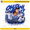 Shohei Ohtani Los Angeles Dodgers PNG featuring baseball action poses, team-inspired graphics, skyline elements, and sports artwork