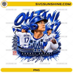 Shohei Ohtani Los Angeles Dodgers PNG featuring baseball action poses, team-inspired graphics, skyline elements, and sports artwork
