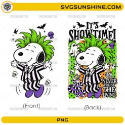Snoopy Beetlejuice Halloween PNG front design with green hair striped costume and spooky Halloween elements