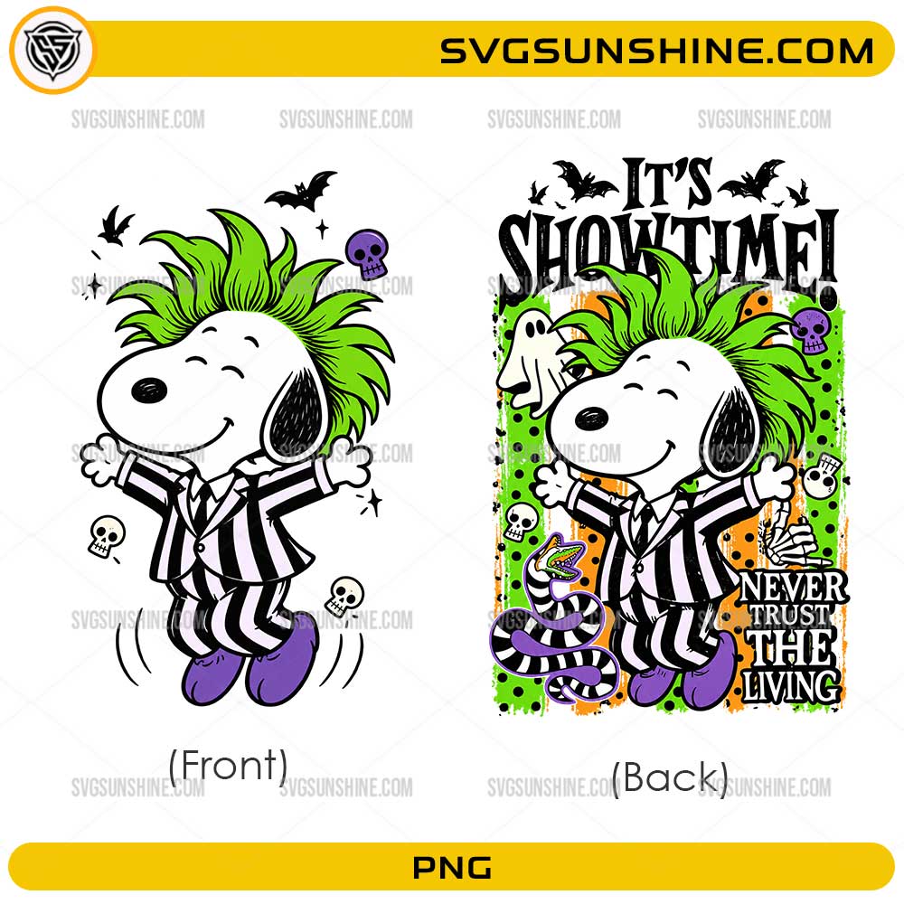 Snoopy Beetlejuice Halloween PNG front design with green hair striped costume and spooky Halloween elements