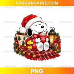 Snoopy Christmas Coffee PNG with Santa hat, Woodstock, hot cocoa, lantern, gifts, and cozy holiday decorations