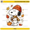 Snoopy Fall Coffee PNG featuring Snoopy wearing an orange beanie and scarf holding a coffee cup with autumn leaves and pumpkin
