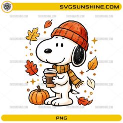 Snoopy Fall Coffee PNG featuring Snoopy wearing an orange beanie and scarf holding a coffee cup with autumn leaves and pumpkin