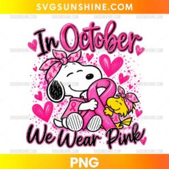 Snoopy In October We Wear Pink PNG breast cancer awareness design with pink ribbon and Woodstock character