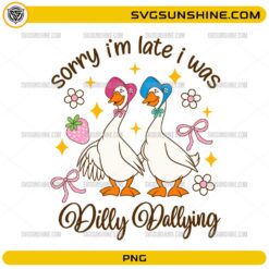 Sorry I'm Late I Was Dilly Dallying PNG cute geese wearing bonnets with flowers bows and vintage aesthetic