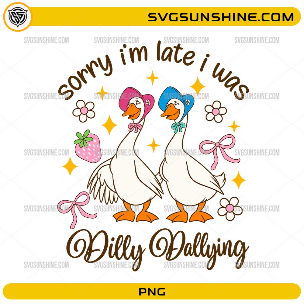 Sorry I'm Late I Was Dilly Dallying PNG cute geese wearing bonnets with flowers bows and vintage aesthetic