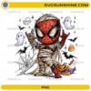 Spider-Man Mummy Halloween PNG with ghosts bats pumpkins candy corn and spider webs