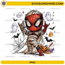 Spider-Man Mummy Halloween PNG with ghosts bats pumpkins candy corn and spider webs