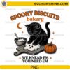 Spooky Biscuits Bakery PNG featuring a black cat kneading ghost cookie dough with pumpkin and funny Halloween baking quote.