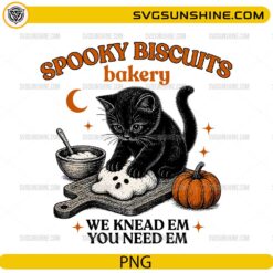 Spooky Biscuits Bakery PNG featuring a black cat kneading ghost cookie dough with pumpkin and funny Halloween baking quote.