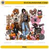 Spooky Football Mom PNG featuring stylish skeleton moms with football game day outfits, pumpkins, coffee, and Halloween decorations