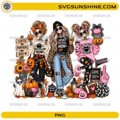 Spooky Football Mom PNG featuring stylish skeleton moms with football game day outfits, pumpkins, coffee, and Halloween decorations