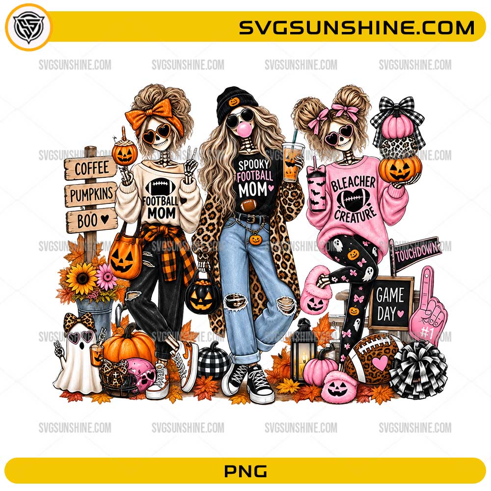 Spooky Football Mom PNG featuring stylish skeleton moms with football game day outfits, pumpkins, coffee, and Halloween decorations